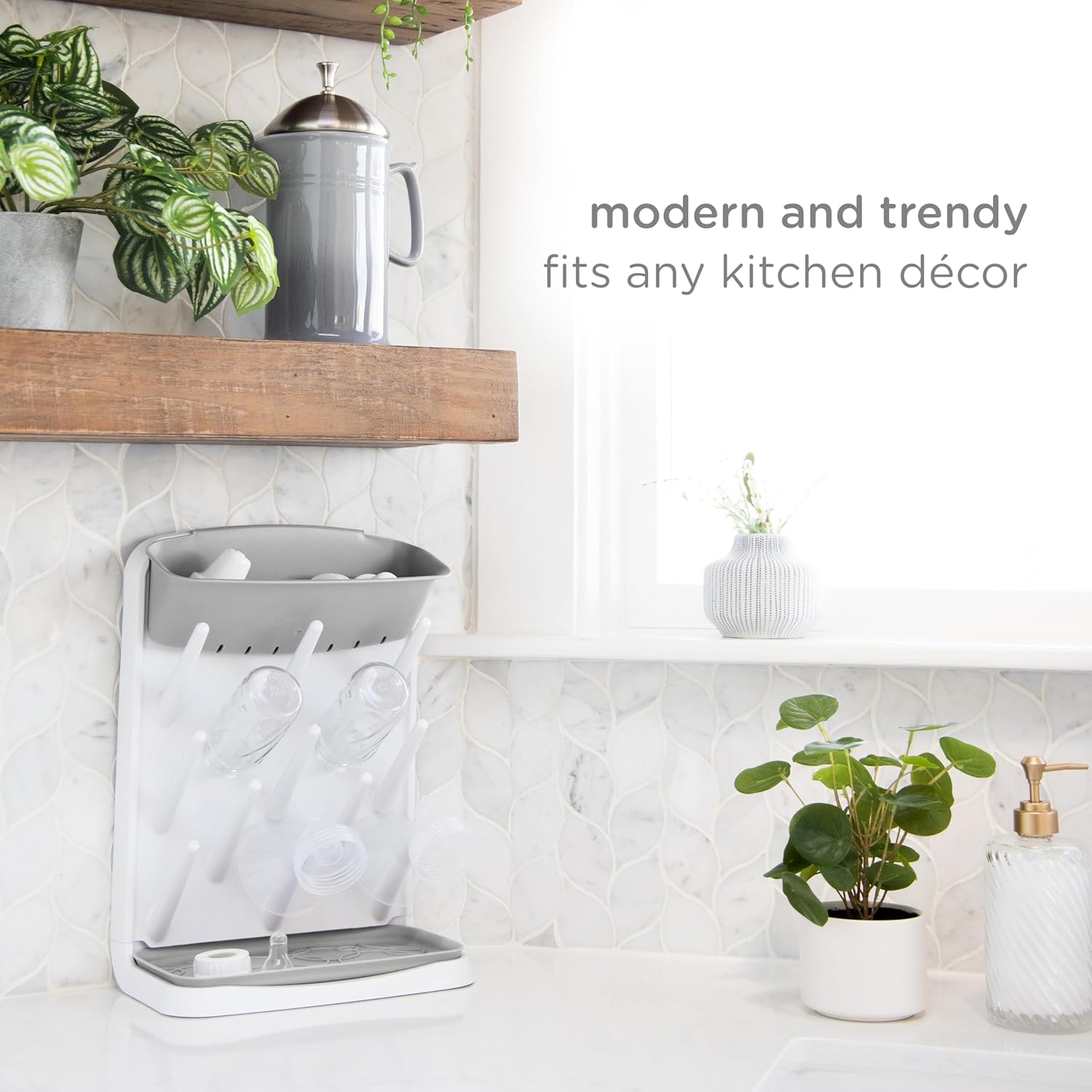 Ubbi Vertical Baby Bottle Drying Rack, Space Saving Countertop Drying Rack Baby Accessory, Gray